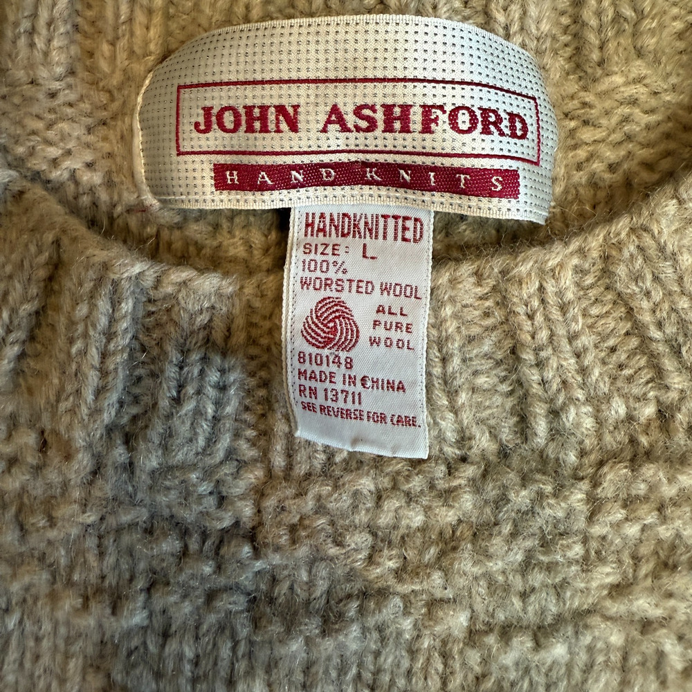 80's John Ashford Hand-knit 100% Wool Sweater Men’s L Beige Cable Knit Fisherman